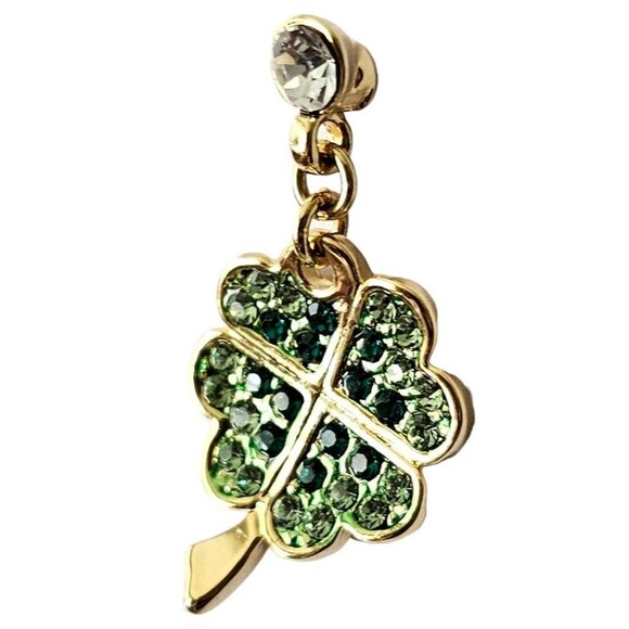 Gold Tone Green Rhinestone Pave Four-Leaf Clover Dangle Lapel Tie Scarf Pin L267 - Picture 9 of 9